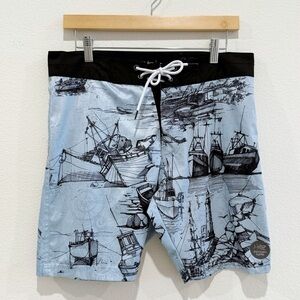 Psycho Tuna Sketchy Boats Blue Boardshorts Swim Trunks Size 28